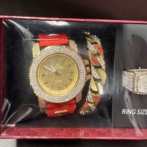 Gold and Red Watch Set with Bracelet